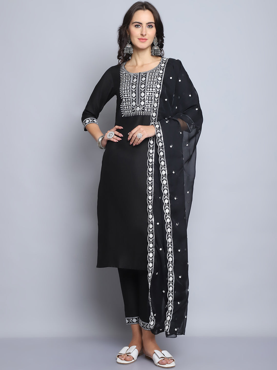 Women's Black Embroidery  silk  Kurta, Pant And Dupatta Set
