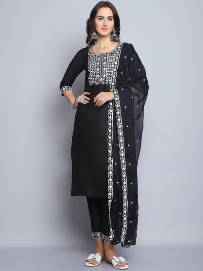 Women's Black Embroidery  silk  Kurta, Pant And Dupatta Set