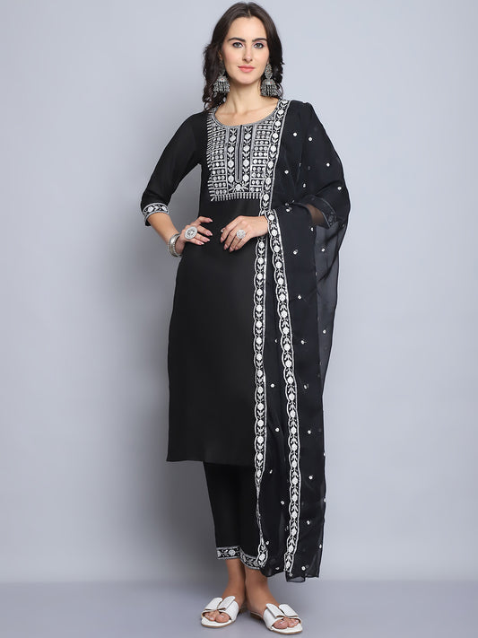 Women's Black Embroidery  silk  Kurta, Pant And Dupatta Set