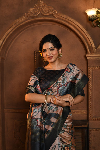 Dhiyona GR Women's Cream & Black Soft Ghicha Tussar Silk Saree with Beautiful Kalamkari Printed Work