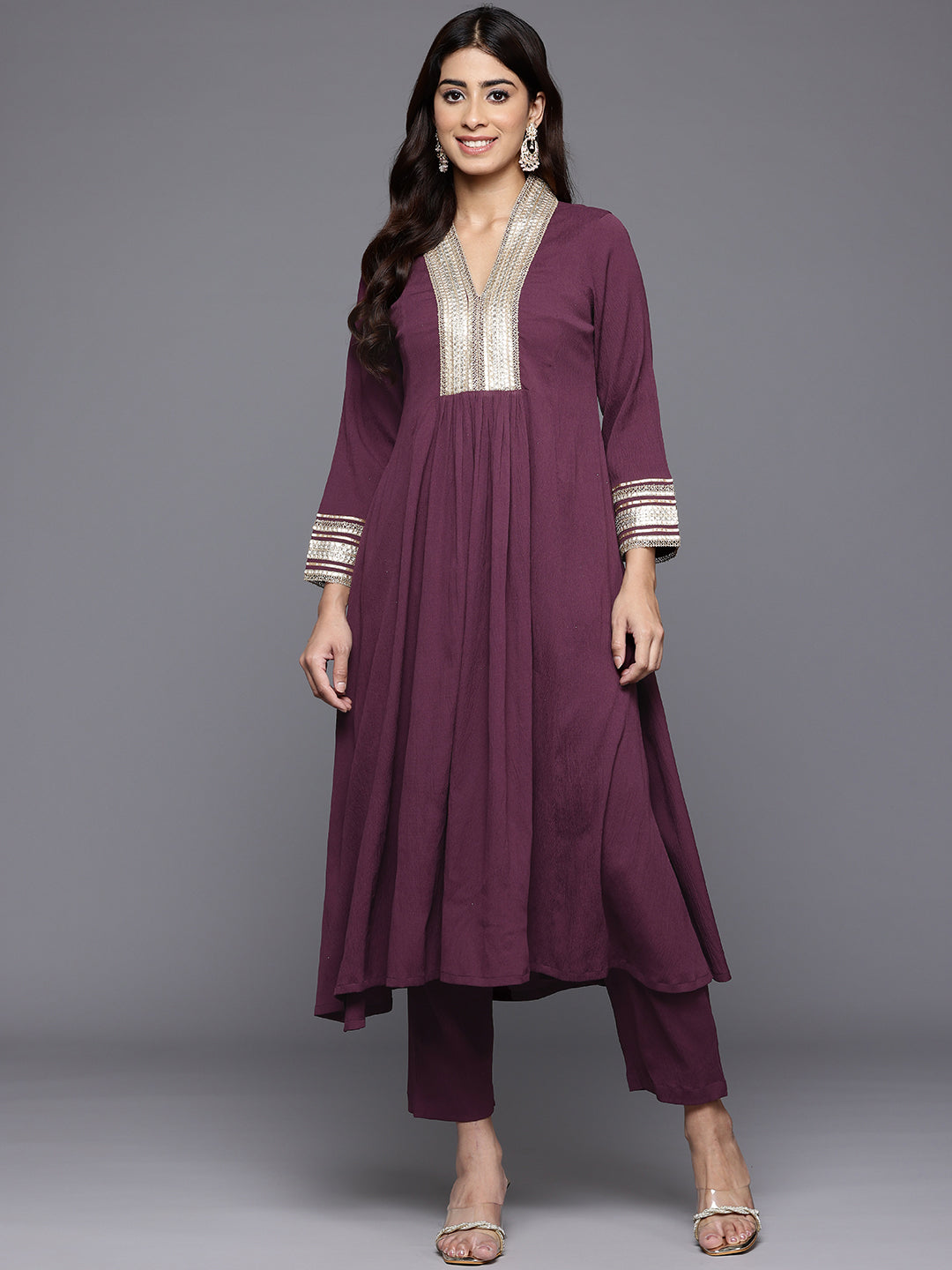 Dhiyona VR Women's Purple Zari Lace Embellished Yoke A-Line Kurta Set