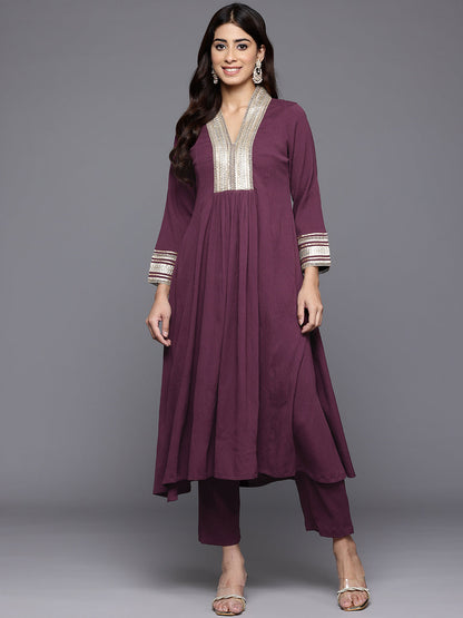 Dhiyona VR Women's Purple Zari Lace Embellished Yoke A-Line Kurta Set