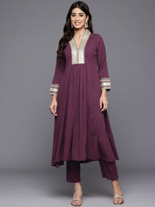 Dhiyona VR Women's Purple Zari Lace Embellished Yoke A-Line Kurta Set