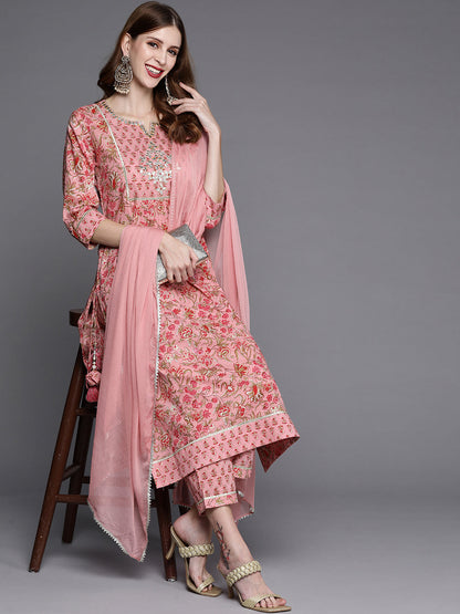 Dhiyona VR Women's Floral Printed Embroidered Kurta With Straight Pant And Chiffon Dupatta