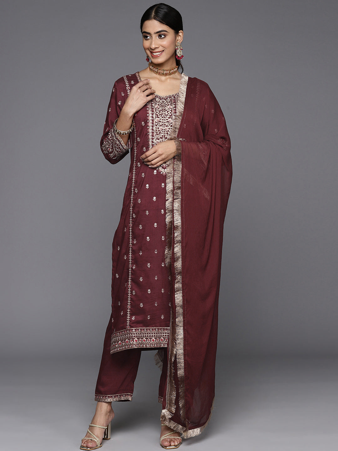 Dhiyona VR Women's Maroon Embroidered Kurta Paired With Tonal Bottom And Dupatta