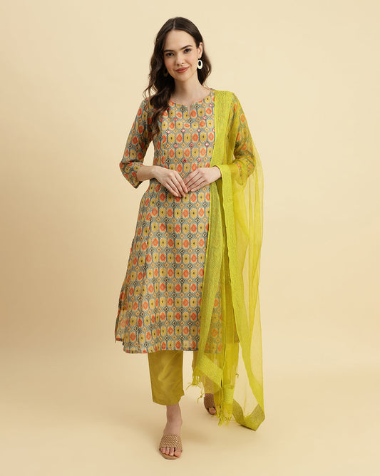 Dhiyona VR Women's Ikat Printed A-Line Mirror Embroidered Kurta Paired With Straight Trouser And Dupatta