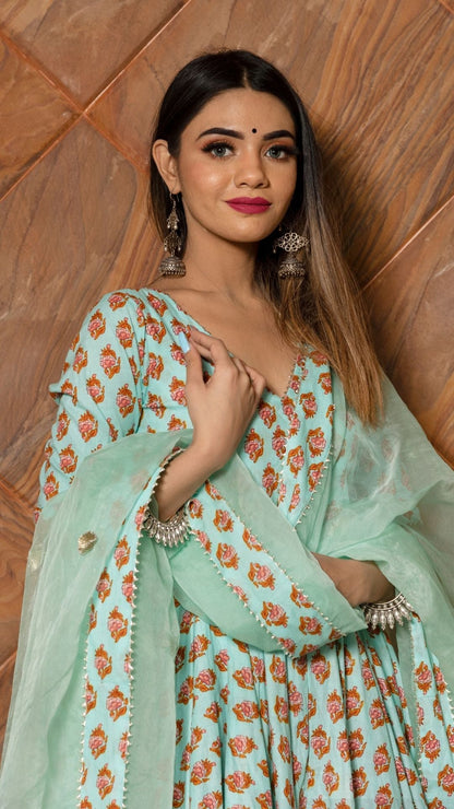 Lilly Of Valley Hand Block Anarkali Set