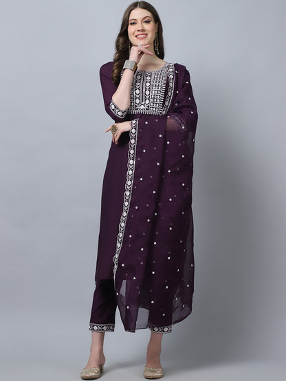 Women's Wine Embroidery  silk  Kurta, Pant And Dupatta Set
