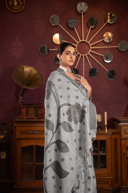 Dhiyona GR Women's Maitri Grey Linen Woven Saree