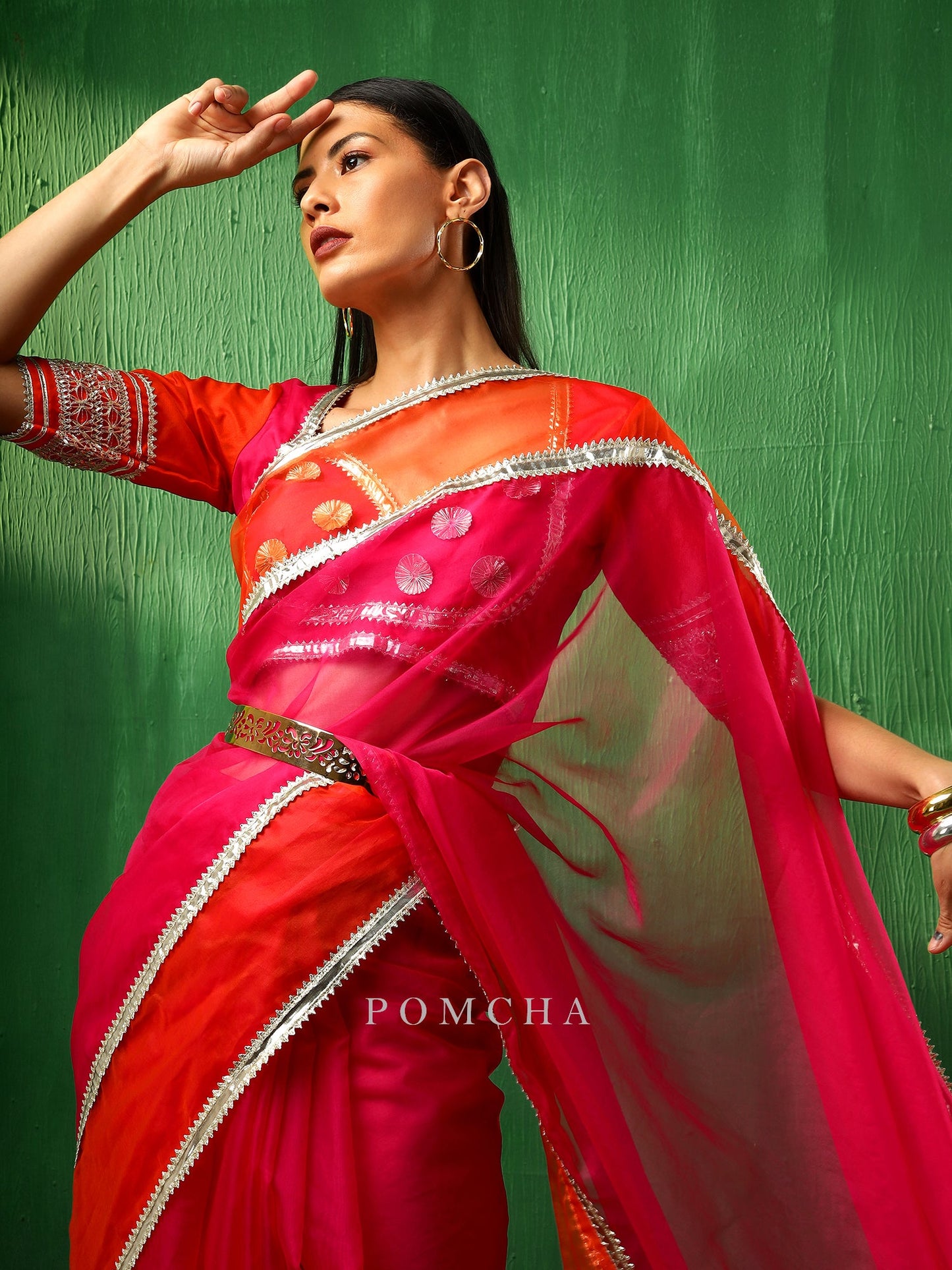 Adaa Orange Pink Double Shade Organza Saree