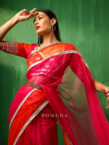 Adaa Orange Pink Double Shade Organza Saree