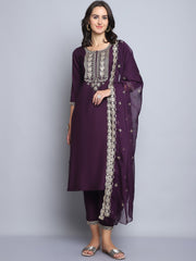 Women Wine Embroidery silk Kurta And Pant Set With Dupatta