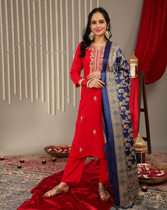 Dhiyona VR Women's Red Placement Design Zari Embroidered Kurta With Three Quarter Sleeves Paired With Tonal Bottom And Contrast Printed Dupatta