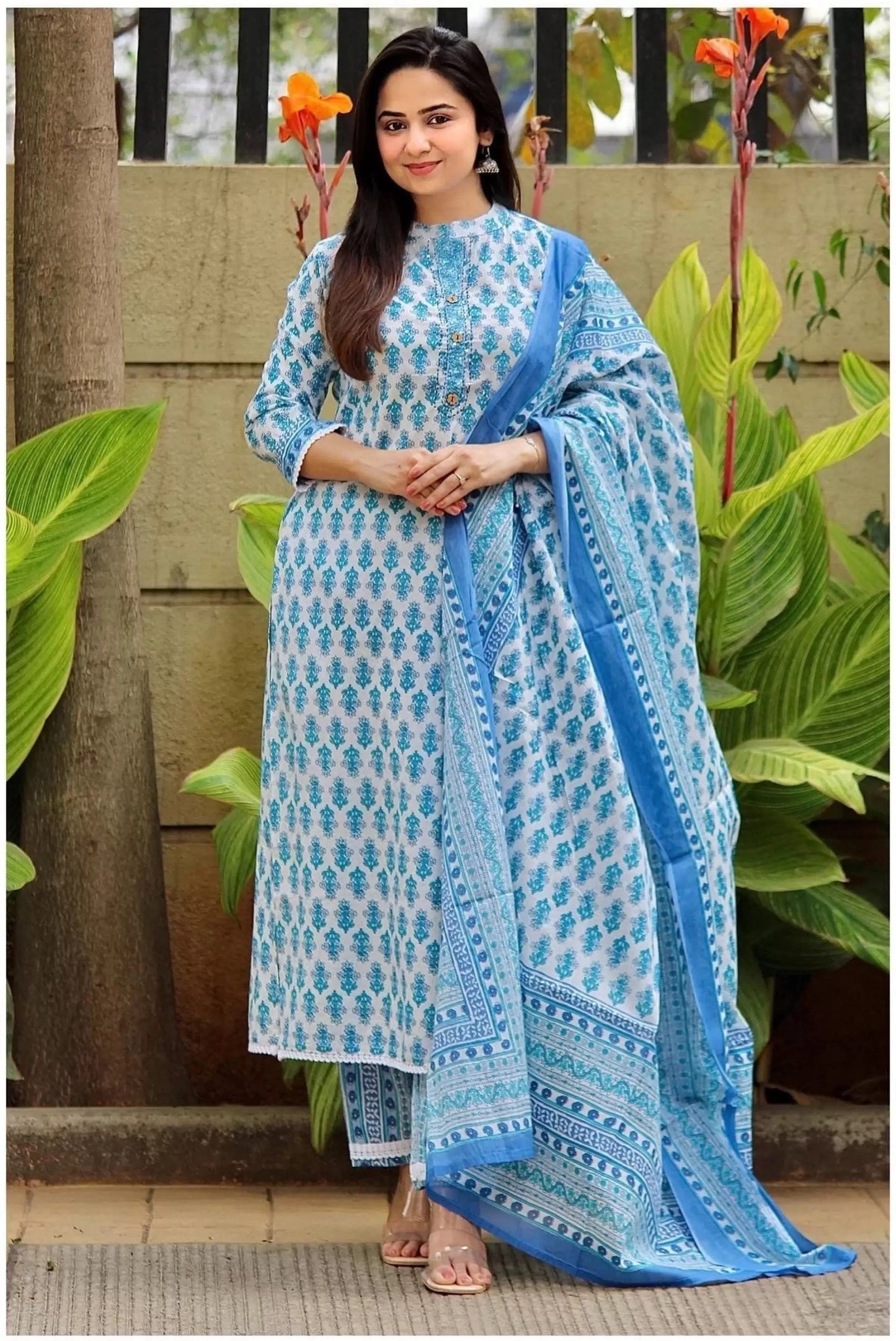 Women White Printed Pure Cotton Kurta, Pant And Dupatta Set