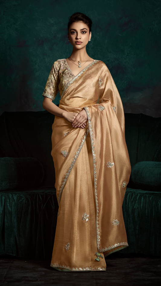 Dhiyona KM Women Orange Organza Silk Saree With Unstitched Floral Printed Silk Blouse Fabric