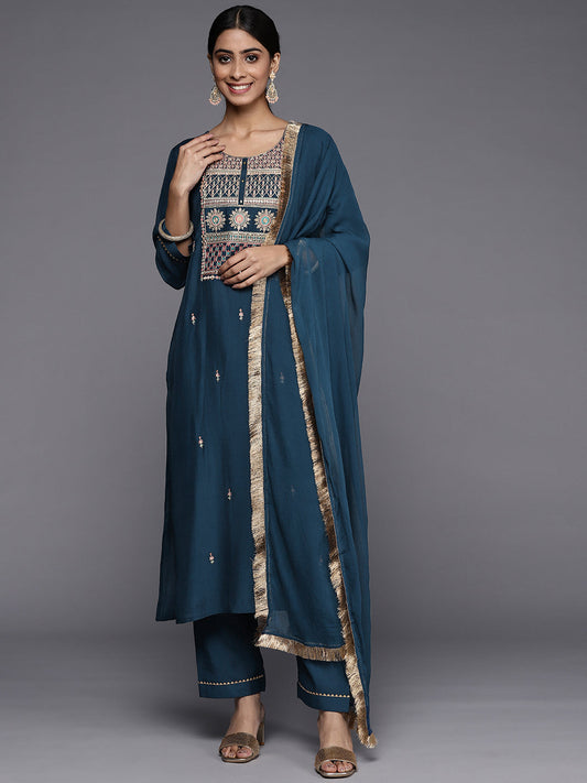 Dhiyona VR Women's Blue Embroidered Kurta Paired With Tonal Bottom And Plain Dupatta
