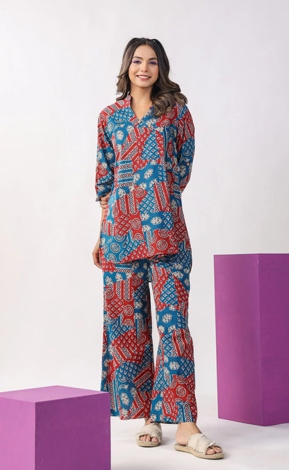 Women Printed Mandrain Collar Kurta And Pant Set