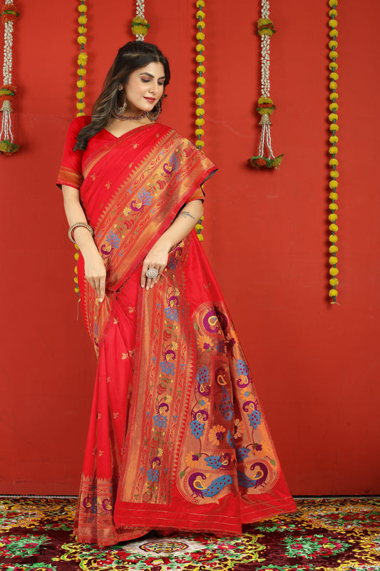 Dhiyona GR Women's Fancy Mor Red Zari Paithani Silk Saree