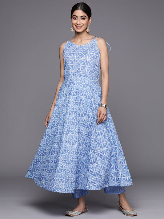 Dhiyona VR Women's Blue Bandhani Printed Kurta Spaghetti Strap With Drawstring Paired With Tonal Printed Bottom