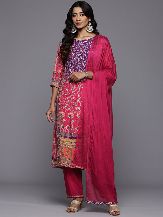 Dhiyona VR Women's Purple And Pink Thread And Gotta Work Straight Kurta With Trousers And Dupatta