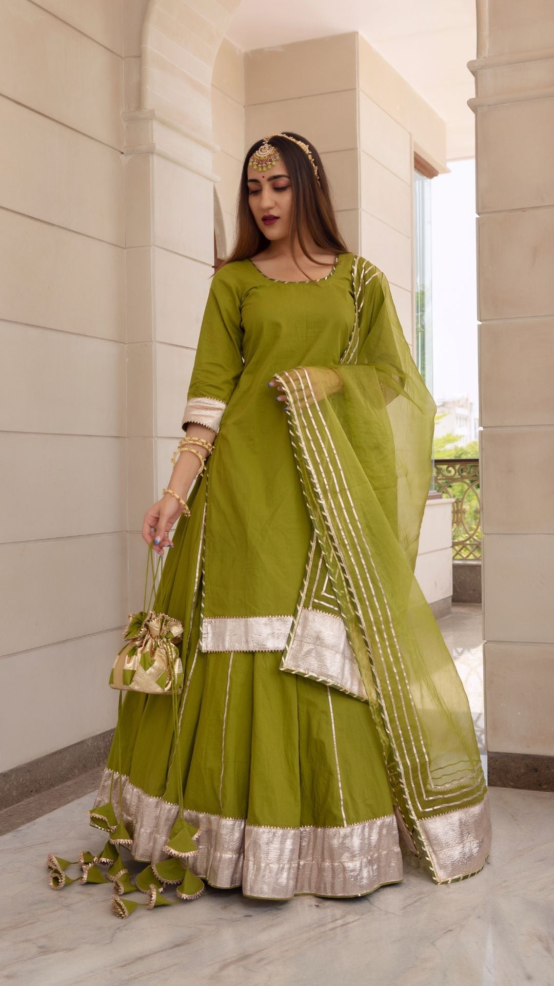Falguni Green Long Kurta Skirt Set