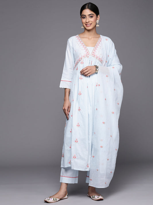 Dhiyona VR Women's Blue Sequin And Thread Embroidered A-Line Kurta Paired With Tonal Bottom And Tonal Embroidered Dupatta