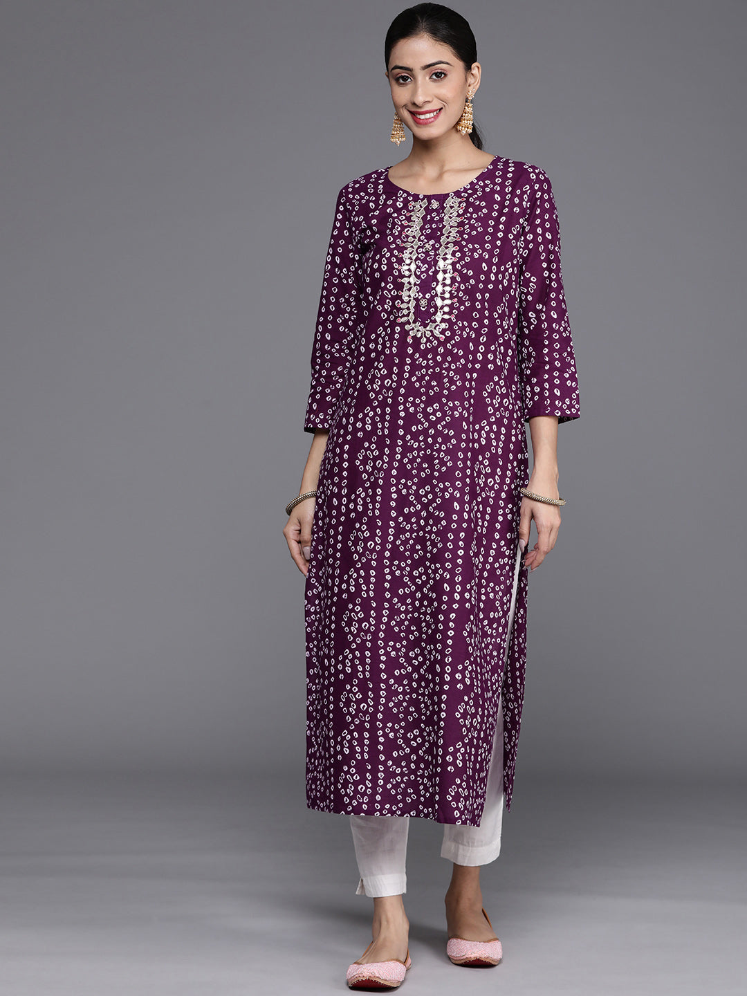 Dhiyona VR Women's Purple & White Bandhani Printed Pure Cotton Kurta