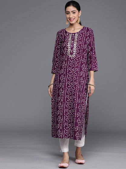 Dhiyona VR Women's Purple & White Bandhani Printed Pure Cotton Kurta