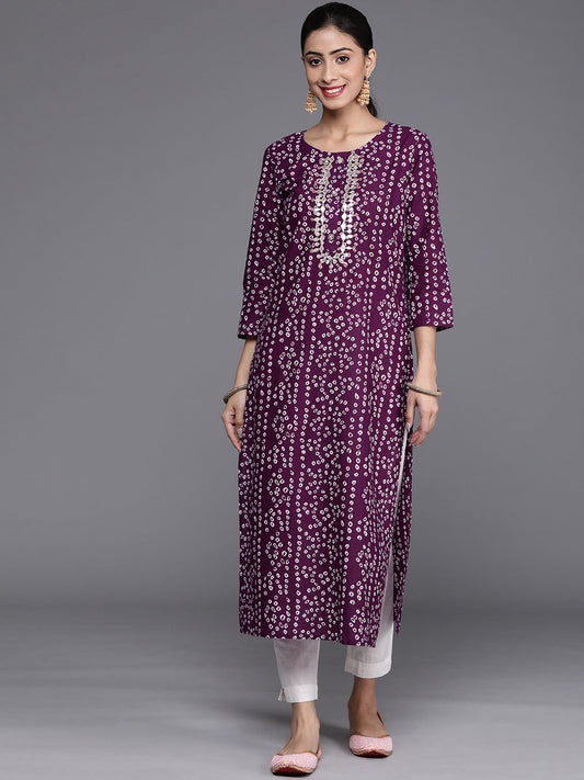 Dhiyona VR Women's Purple & White Bandhani Printed Pure Cotton Kurta