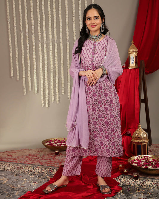 Dhiyona VR Women's Purple Floral Printedstraight Kurta Paired With Tonal Printed Bottom And Dupatta