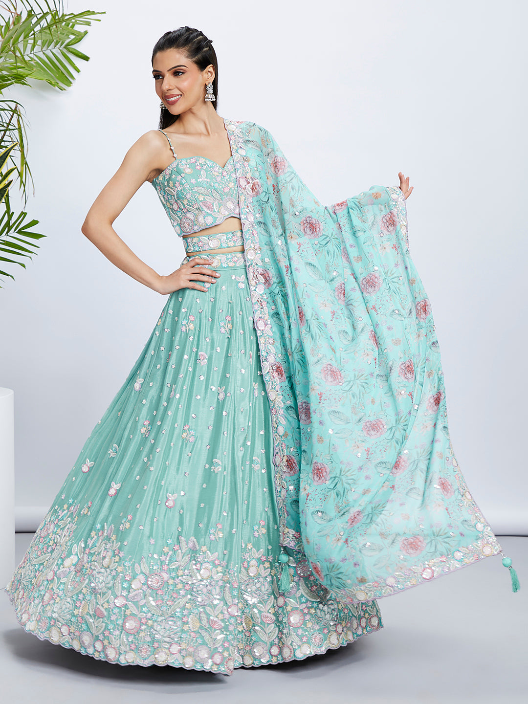 Women Sea green Chiffon Sequins and thread embroidery  Lehenga choli & Dupatta