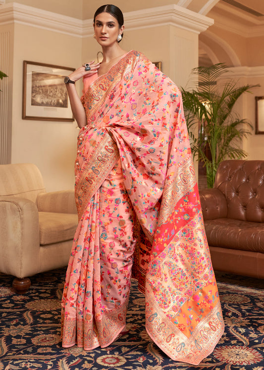 Dhiyona GR Women's Kalista Peachy Pink Woven Jamewar Kashmiri Banarasi Saree
