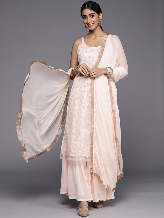 Dhiyona VR Women's Peach Embroidered Straight Kurta Paired With Contrast Bottom And Dupatta With Four Sided Fringes