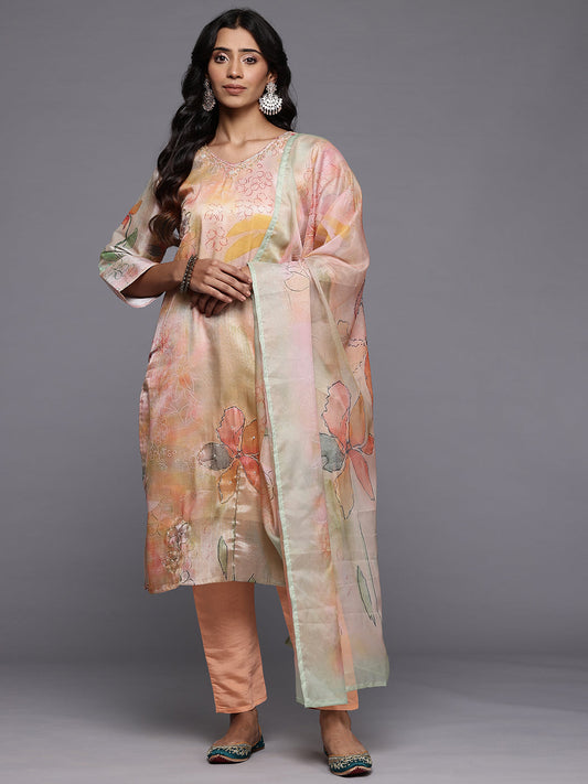 Dhiyona VR Women's Peach Silk Floral Printed Beads And Stones Embellished Kurta Set With Dupatta