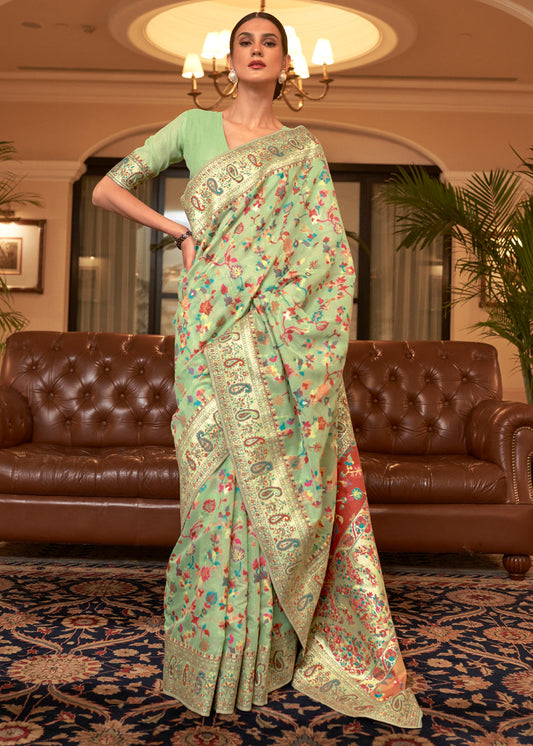 Dhiyona GR Women's Kalista Pista Green Woven Jamewar Kashmiri Banarasi Saree
