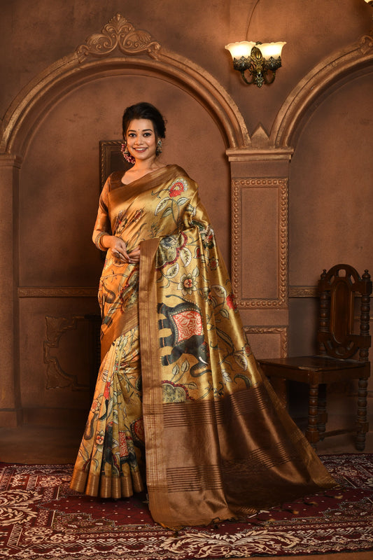 Dhiyona GR Women's Gold & Brown Soft Ghicha Tussar Silk Saree with Beautiful Kalamkari Printed Work