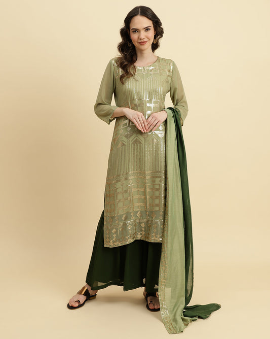 Dhiyona VR Women's Green Sequened Kurta With Sharara And Sequened Ombre Dupatta