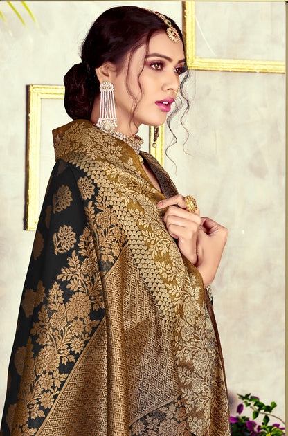 Dhiyona GR Women's Black Diamond Crow Black Zari Woven Design Cotton Blend Saree