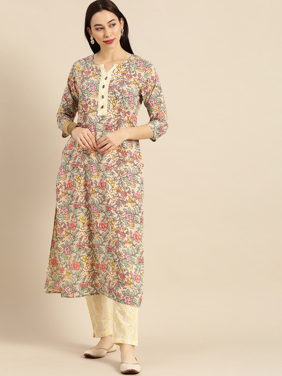Dhiyona VR Women's Sea Green And Mustard Floral Printed Straight Kurta With Printed Trouser