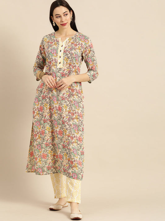Dhiyona VR Women's Sea Green And Mustard Floral Printed Straight Kurta With Printed Trouser