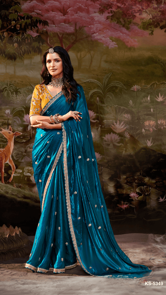 Dhiyona KM Women The Peacock Blue Tissue Silk Saree