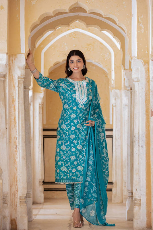 Dhiyona VR Women's Blue Printed Round Neck Straight Kurta With Bottom And Dupatta