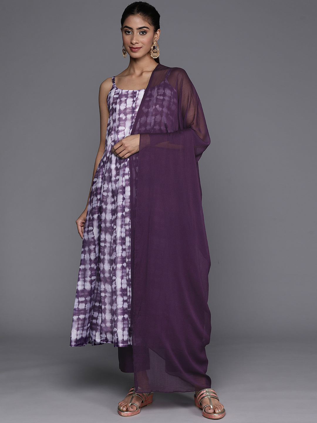 Dhiyona VR Women's Violet Spaghetti Strap Anarkali Kurta Paired With Tonal Bottom And Tonal Solid Dupatta
