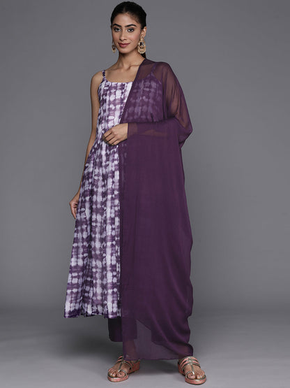 Dhiyona VR Women's Violet Spaghetti Strap Anarkali Kurta Paired With Tonal Bottom And Tonal Solid Dupatta