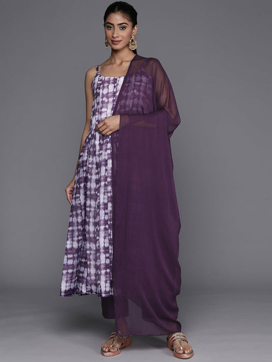 Dhiyona VR Women's Violet Spaghetti Strap Anarkali Kurta Paired With Tonal Bottom And Tonal Solid Dupatta