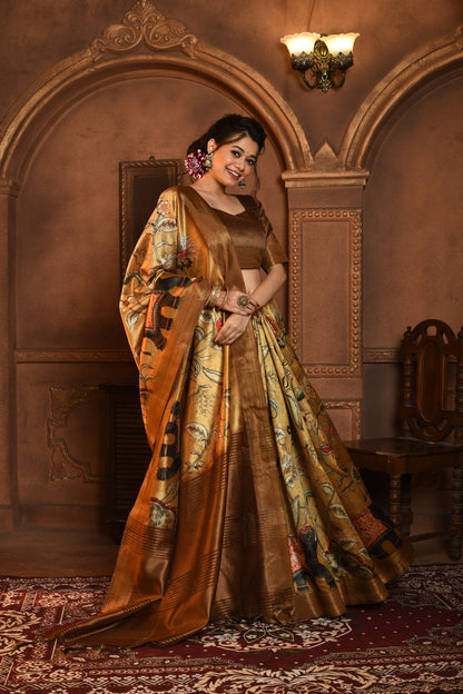 Dhiyona GR Women's Gold & Brown Soft Ghicha Tussar Silk Saree with Beautiful Kalamkari Printed Work
