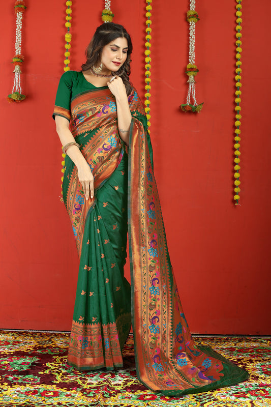 Dhiyona GR Women's Fancy Mor Bottle Green Zari Paithani Silk Saree