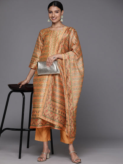 Dhiyona VR Women's Coral Printed, Straight Kurta Paired With Tonal Bottom And Printed Dupatta