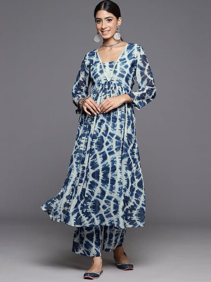 Dhiyona VR Women's Blue Shibori Printed V-Neck A-Line Kurta Paired With Tonal Printed Bottom