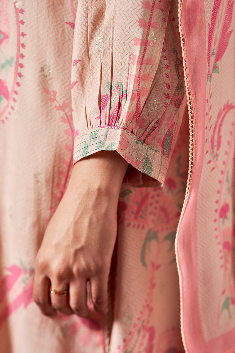 Women's Apricot Illusion Viscose Muslin Jacquard and Pink Print Salwar Suit